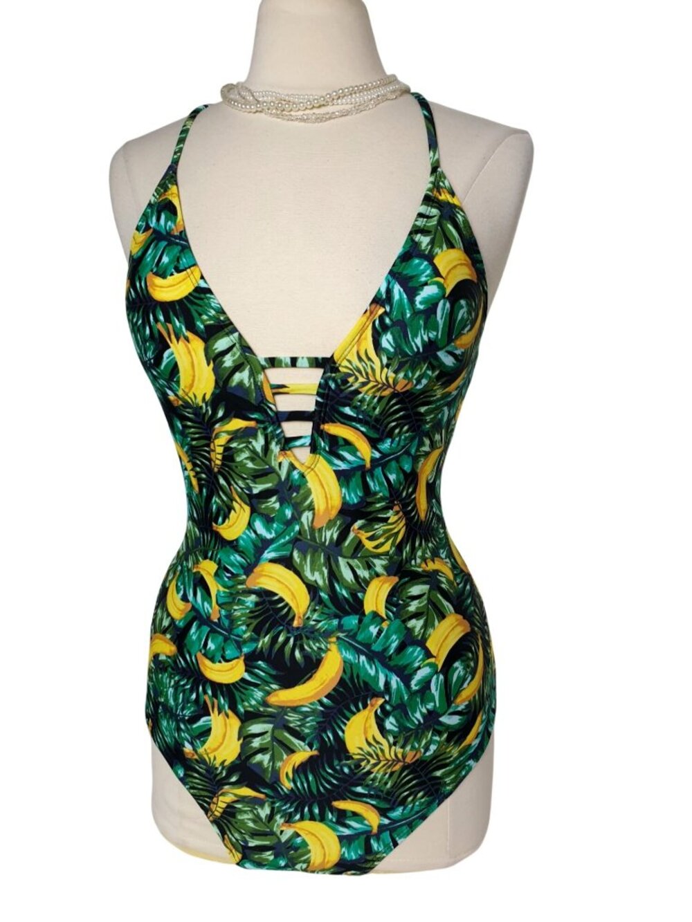 Gianni Bini Womens L Swimsuit One Piece Tropical Deep V Padded Strappy Beach